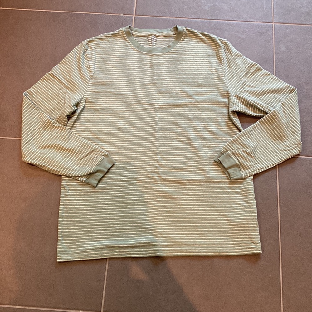 J Crew Vintage T in sage green/cream stripe.  Long sleeve- Large.
